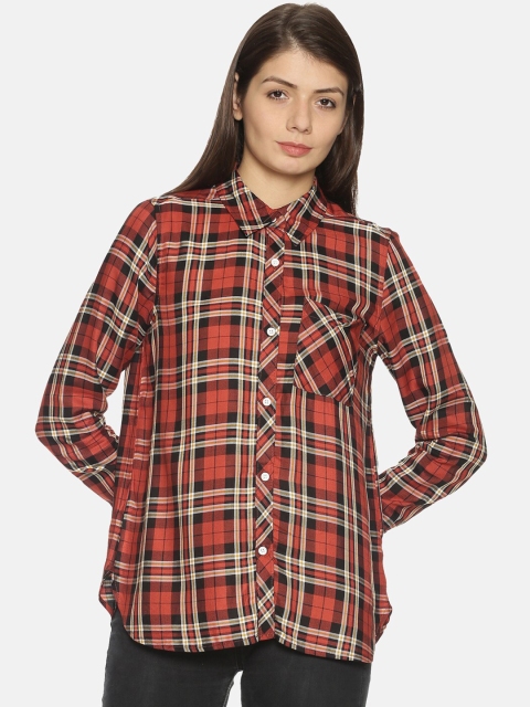 Campus Sutra Women Rust Regular Fit Checked Casual Shirt