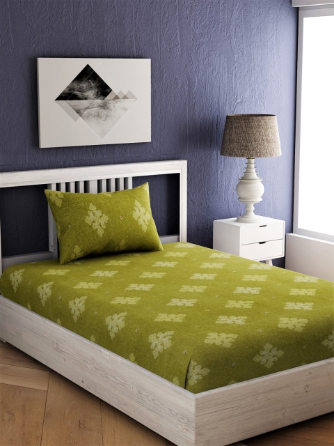 EverHOME Green Ethnic Motifs 144 TC Cotton 1 Single Bedsheet with 1 Pillow Covers