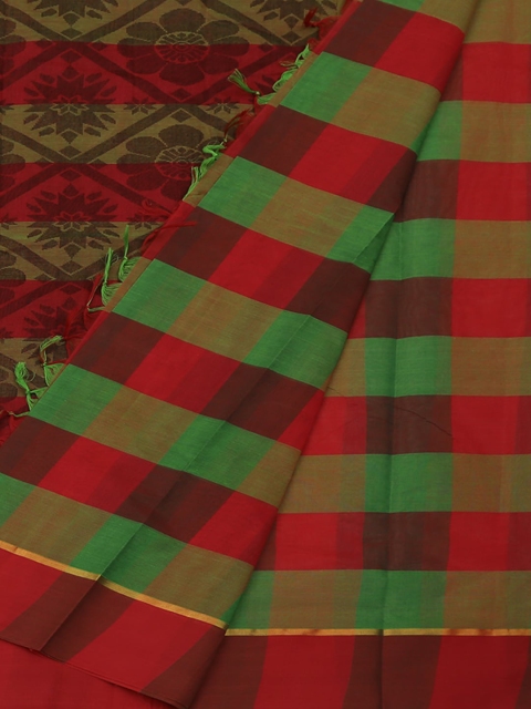 Pothys Red & Green Pure Cotton Checked Saree