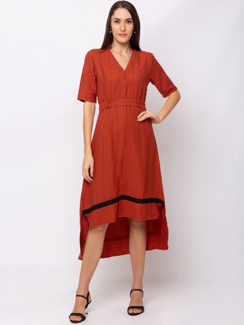 SHECZZAR Women Orange Solid Fit and Flare Dress