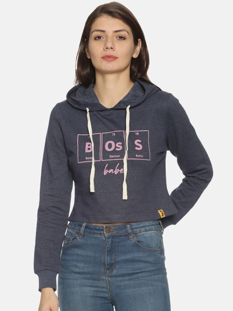 Campus Sutra Women Blue Printed Hooded Sweatshirt