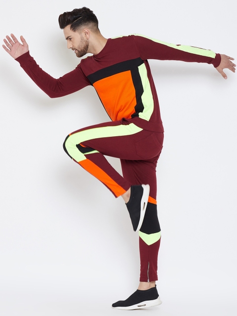 FUGAZEE Men Maroon & Orange Colourblocked Slim-Fit Tracksuit