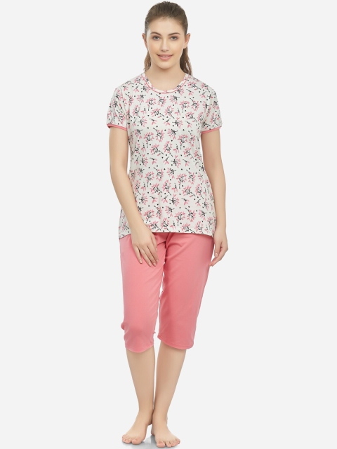 Lenissa Women White & Pink Floral Printed Night Suit