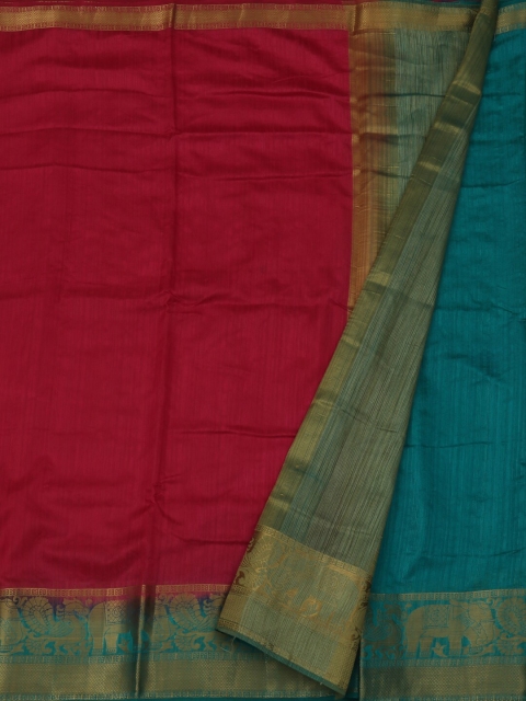 Pothys Magenta & Blue Jute Silk Solid Saree