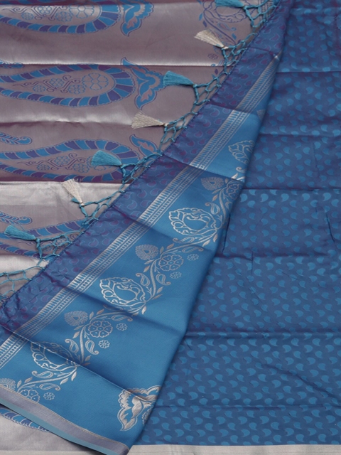 Pothys Blue & Silver-Toned Art Silk Woven Design Saree