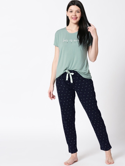 I like me Women Sea Green & Navy Blue Printed Night suit