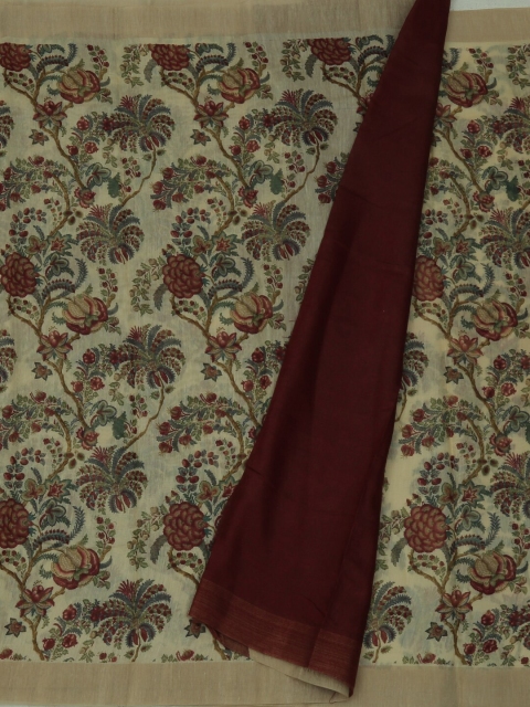 Pothys Cream-Coloured & Maroon Linen Blend Printed Saree