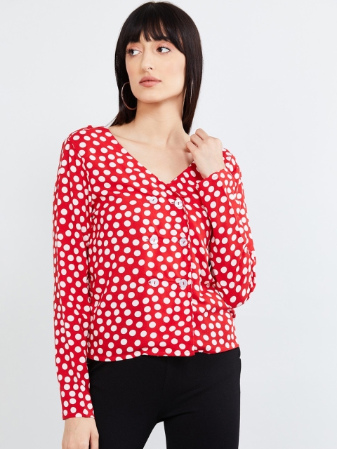 max Women Red Polka Dot Printed Wrap Top