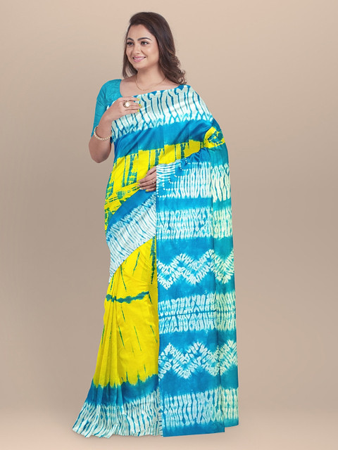 BharatSthali Yellow & Blue Pure Cotton Dyed Saree 
BharatSthali Yellow & Blue Pure Cotton Dyed Saree