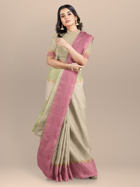 BharatSthali Cream-Coloured Solid Pure Cotton Kovai Saree