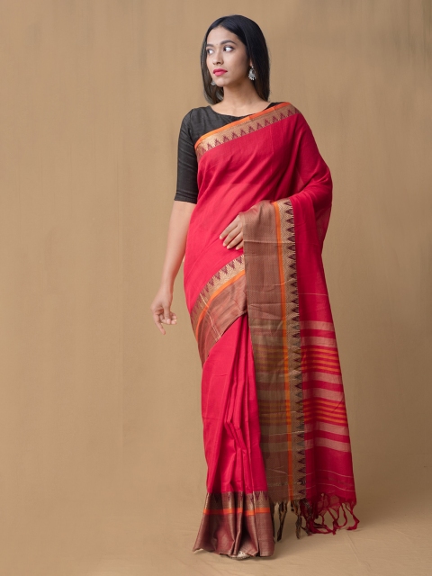 Unnati Silks Red Pure Cotton Solid Handloom Narayan Peth Saree