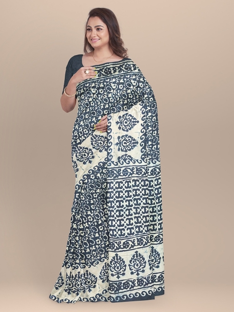 BharatSthali Blue & White Pure Cotton Printed Sustainable Saree