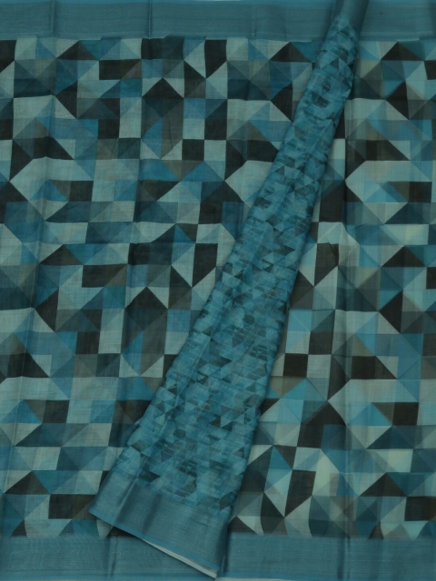 Pothys Blue Printed Linen Blend Saree