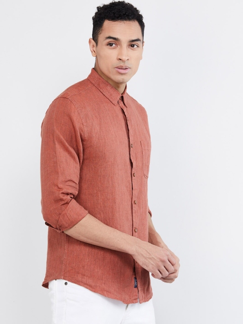 max Men Rust Red Regular Fit Solid Casual Linen Shirt