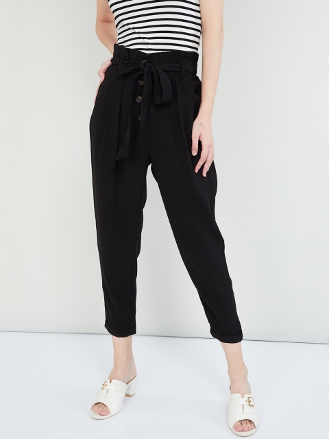max Women Olive Green Slim Fit Solid Regular Trousers