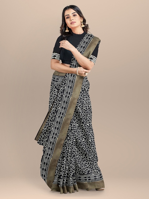 BharatSthali Black & White Pure Cotton Printed Sustainable Saree