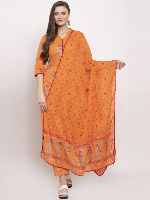 Indibelle Women Orange & Red Printed Kurta with Trousers & Dupatta