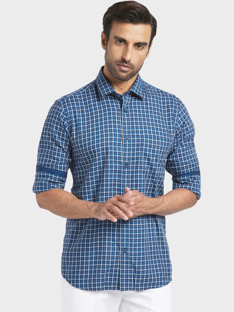 ColorPlus Men Blue & White Regular Fit Checked Casual Shirt