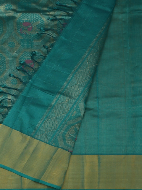 Pothys Yellow & Blue Cotton Blend Woven Design Saree