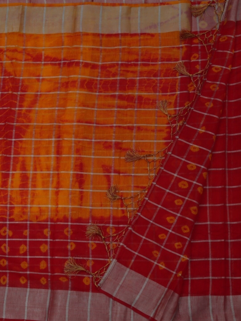 Pothys Red & Orange Linen Blend Checked Saree