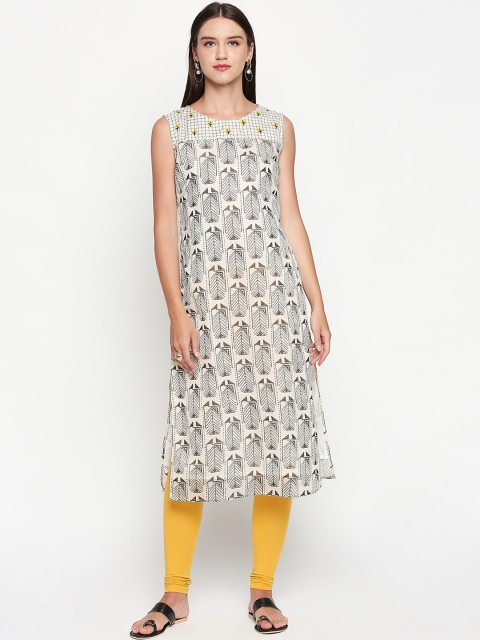 Lobaanya Women Off-White & Black Woven Design A-Line Kurta