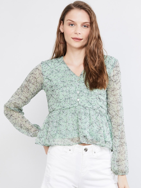 max Women Green & White Printed Peplum Top