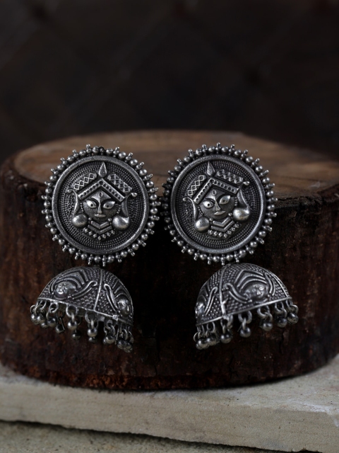 Fabstreet Silver Plated Oxidised Dome Shaped Jhumkas