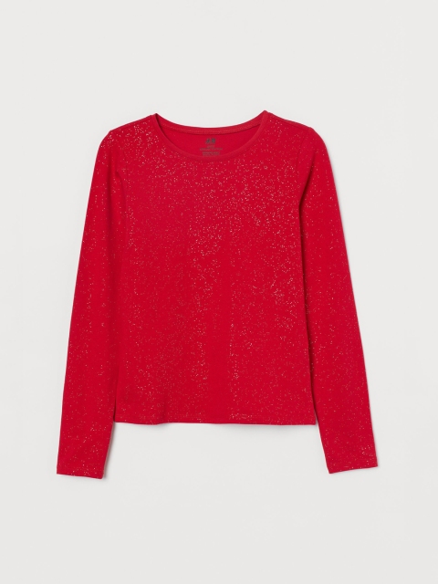 H&M Girls Red Solid Glittery Cotton Top