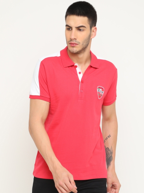 Masculino Latino Men Pink & White Colourblocked Polo Collar T-shirt
