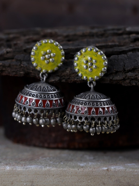 Fabstreet Silver-Plated & Yellow Dome Shaped Jhumkas