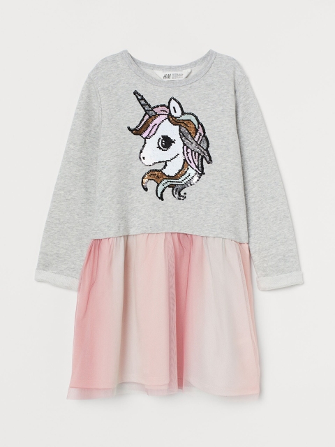 H&M Girls Grey & Pink Embellished Sweatshirt Dress