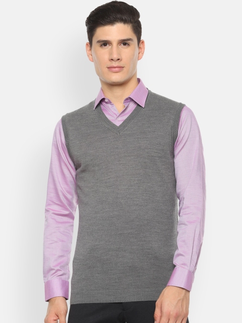 Van Heusen Men Acrylic Grey Solid Sweater Vest Sweater