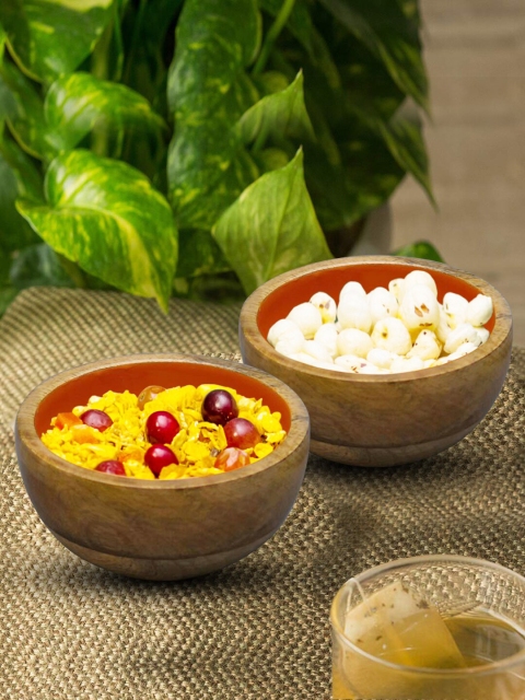 nestroots Set Of 2 Brown Wooden Decorative Bowls, Orange