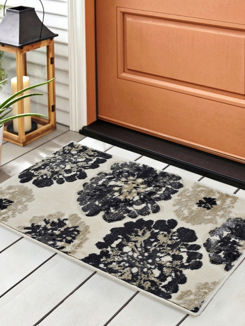 SPACES Cream-Coloured & Black Floral Anti-Skid Large Floor Mat