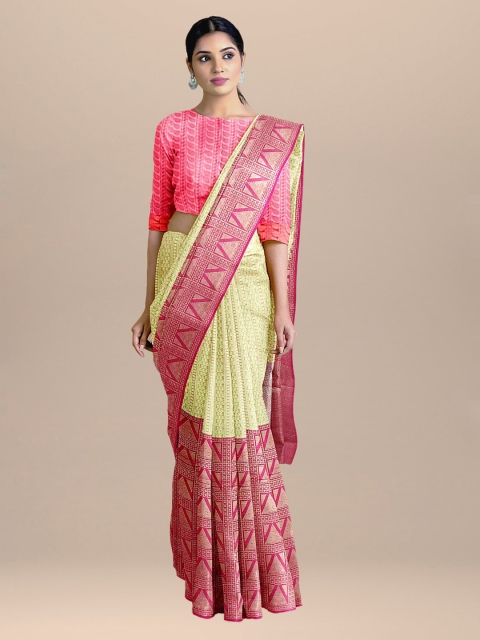 BharatSthali Pink & Yellow Silk Cotton Woven Design Banarasi Saree