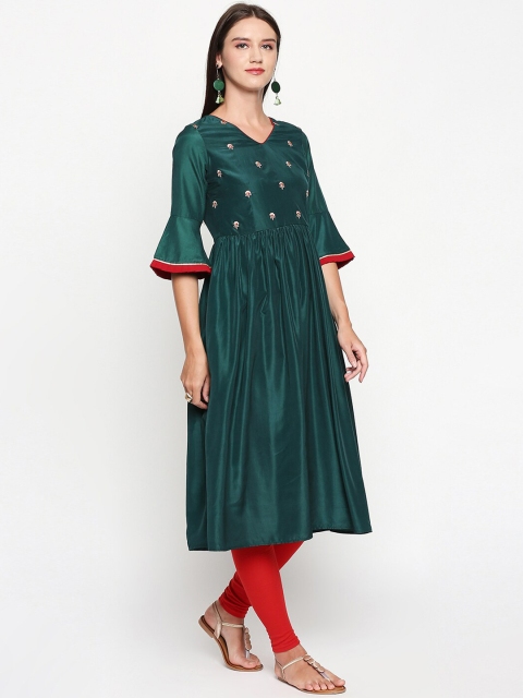 Lobaanya Women Green & Red Floral Embroidered Anarkali Kurta