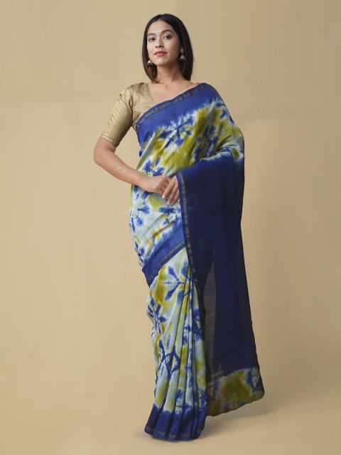 Unnati Silks Blue & Green Silk Cotton Printed Chanderi Saree