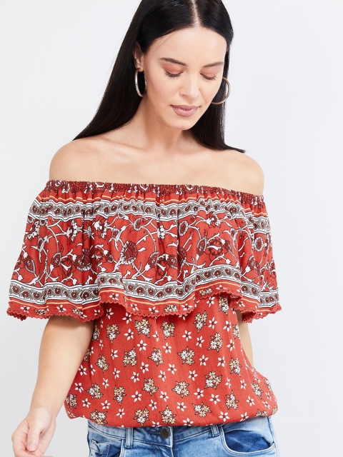 max Women Rust Printed Bardot Top