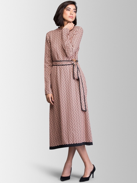 FableStreet Women Brown Printed Fit and Flare Dress