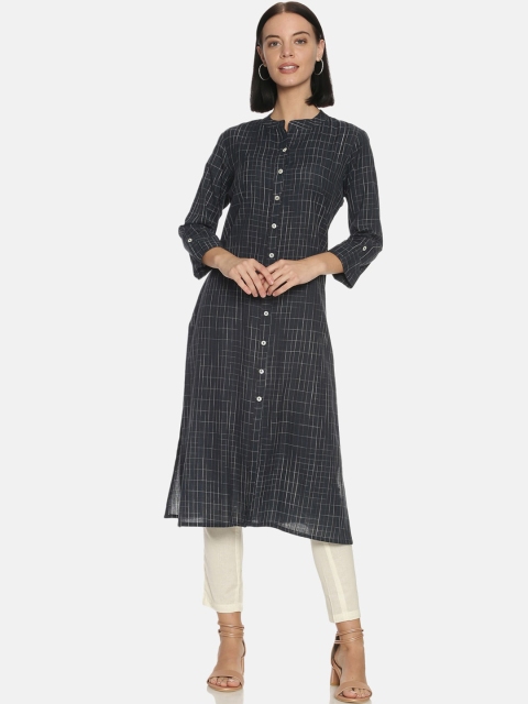 Saffron Threads Women Navy Blue & White Checked A-Line Kurta