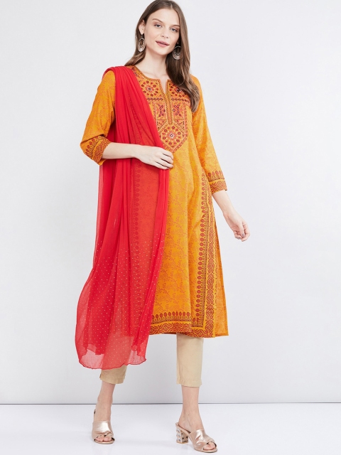 max Women Mustard & Red Striped Kurta with Churidar & Dupatta