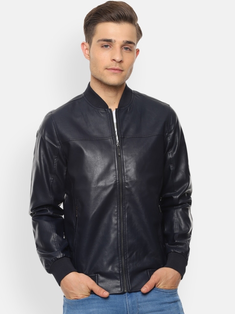 V Dot Men Navy Blue Solid Bomber