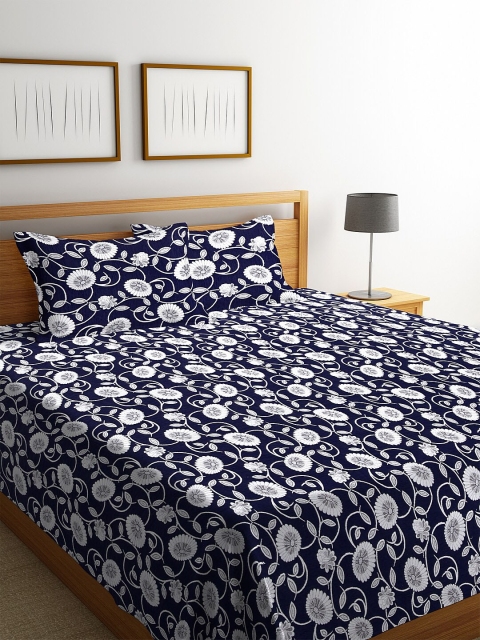 Klotthe Navy Blue & White Woven-Design Double Bed Cover With 2 Pillow Covers