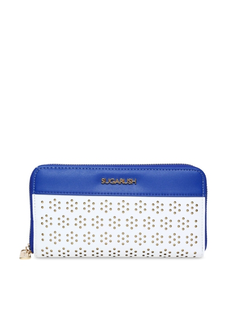 Sugarush Women White & Blue Colourblocked Zip Around Wallet