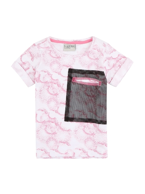 Cherokee Girls White & Pink Printed Round Neck T-shirt