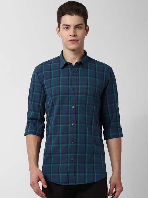 Peter England Casuals Men Navy Blue & Green Slim Fit Checked Casual Shirt