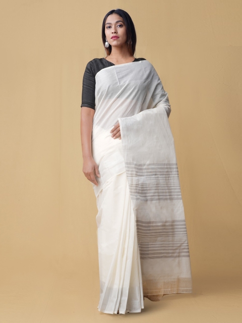 Unnati Silks White Solid Pure Cotton Saree
