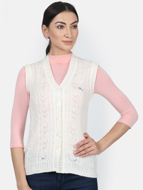 Monte Carlo Women White Self Design Front-Open Sweater