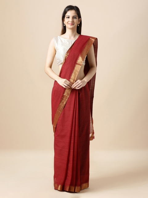 Taneira Maroon Pure Cotton Striped Mangalagiri Saree