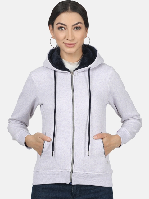 Monte Carlo Women Grey Solid Hooded Sweatshirt